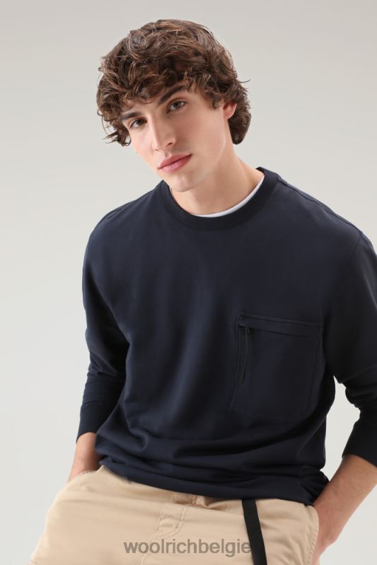 ronde hals van zuiver katoenfleece met zak met ritssluiting Woolrich Heren 8TTN0422 Melton blauw kleding
